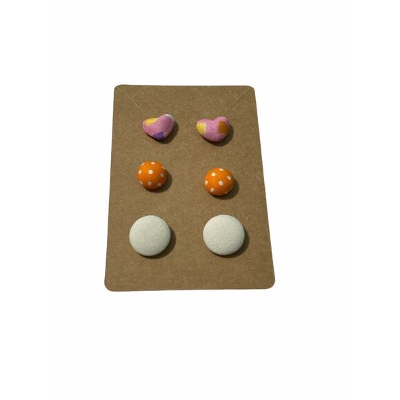 Fabric Covered Button Earring Stud Set Round Pink - Picture 1 of 5